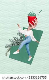 Creative collage illustration of headless absurd lady dancing coffee break morning pause teapot relax isolated on green painting background