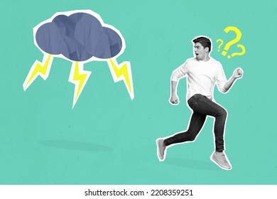 Creative Collage Illustration Of Horrified Guy Black White Gamma Running Away Thunderstorm Cloud Isolated On Drawing Background