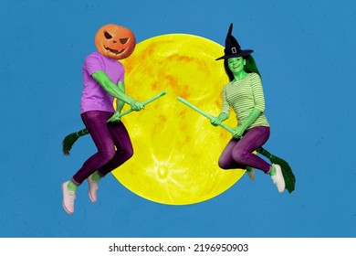 Creative Collage Illustration Of Two People Flying Broomstick Pumpkin Instead Head Witch Headwear Isolated On Drawing Background