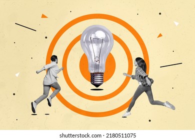Creative collage illustration of two small people black white colors running towards big light bulb target isolated on painted background - Shutterstock ID 2180511075