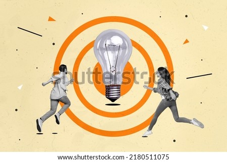 Creative collage illustration of two small people black white colors running towards big light bulb target isolated on painted background