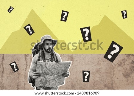 Creative collage illustration young man traveler lost way hold paper map decide path go question mark unsure mountain terrain