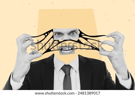Creative collage image aggressive outraged irritated businessman face fragments eyes mouth caricature nervous psycho work trouble