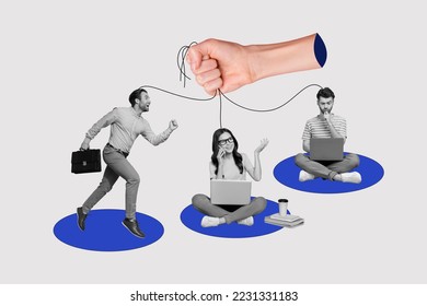 Creative collage image of arm hold string mini puppet people black white effect run use netbook speak telephone working