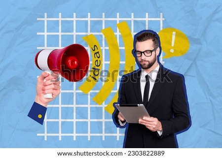 Creative collage image of arm hold loudspeaker toa communicate tell ideas mini elegant black suit man use tablet isolated on blue background