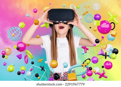 Creative collage image of astonished positive girl excited experience virtual reality goggles colorful flying metaverse objects isolated on drawing background