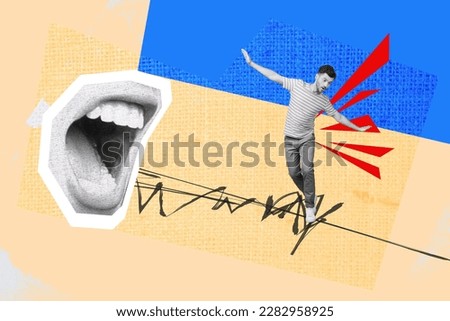 Creative collage image of big talking screaming mouth yell mini black white gamma guy balancing stand string isolated on painted background