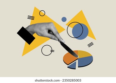 Creative collage image black white effect arm hold knife cut piece stats diagram chart isolated drawing background