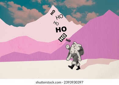 Creative collage image of black white effect santa carry christmas presents bag walking snowy mountains ho ho ho isolated on painted background