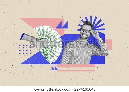 Creative collage image of black white gamma arm hold dollar bills banknotes give mini positive guy isolated on drawing background
