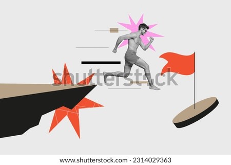 Creative collage image of black white effect guy run jump cliff reach destination target flag isolated on white painted background