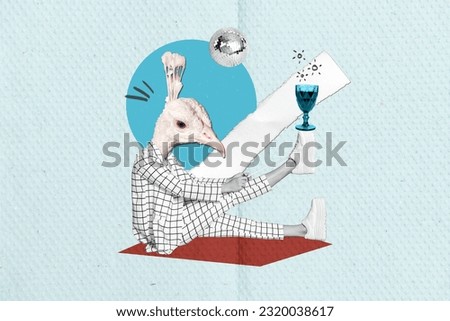 Creative collage image of black white colors girl bird head leg hold wine glass disco ball isolated on painted background