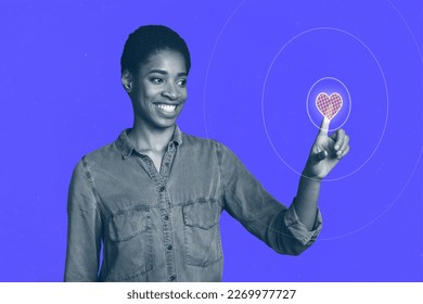 Creative collage image of cheerful black white effect person hand finger touch heart figure button isolated on drawing background