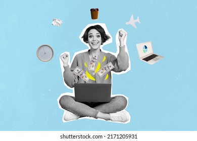 Creative collage image of delighted person black white gamma raise fists enjoy triumph earnings done finish work vacation travel time