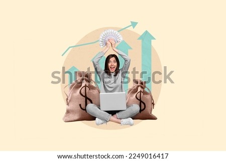 Creative collage image of excited astonished girl hold dollar banknotes use netbook growing up arrow money bags isolated on painted background