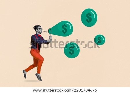 Creative collage image of excited guy black white effect run hold magnifier lens search money isolated on painted background