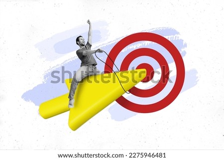 Creative collage image of excited mini black white colors guy sit fly huge arrow pointer darts board target