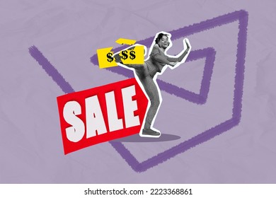 Creative collage image of funky girl black white colors leg kick break price special offer sale isolated on painted background