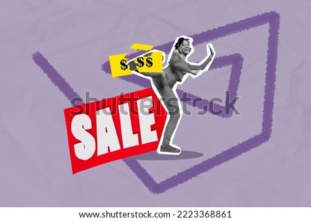 Creative collage image of funky girl black white colors leg kick break price special offer sale isolated on painted background