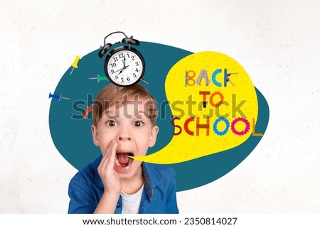 Creative collage image of funny boy say tell dialogue bubble back to school bell ring clock above head isolated on white background