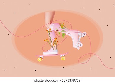 Creative collage image of girl legs wear sneakers ride rollerblades skateboard fresh flowers isolated on painted background - Powered by Shutterstock