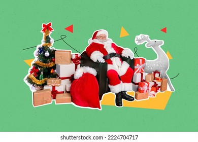 Creative collage image of grandfather santa claus sitting armchair prepare pile stack giftbox presents isolated on green background