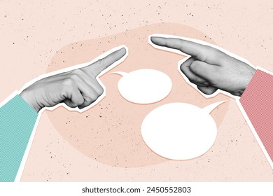 Creative collage image human hands finger pointing gesture textbox communication contact share opinion rumor gossips drawing background - Powered by Shutterstock