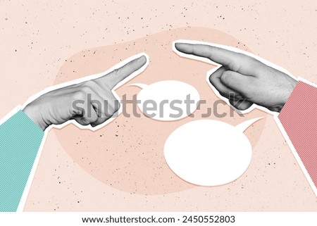 Creative collage image human hands finger pointing gesture textbox communication contact share opinion rumor gossips drawing background