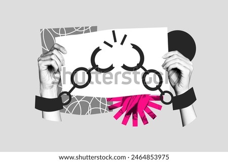 Creative collage image human hands victim hold placard banner empty space handcuffs break chain freedom discrimination drawing background
