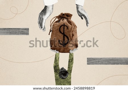Creative collage image human transfer money bag millionaire funds capital rich investor buy purchase sack earnings drawing background