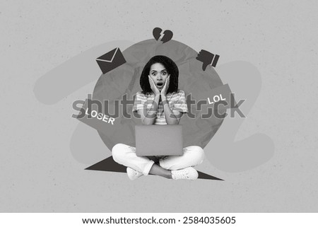 Creative collage image of impressed unsatisfied girl use netbook receive online abuse hateful messages isolated on drawing background