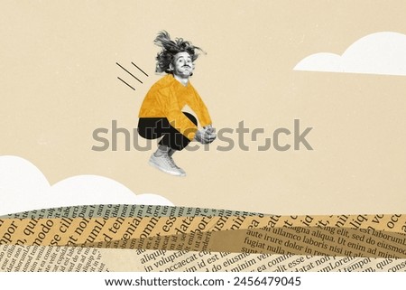 Creative collage image jumping man cheerful energetic literature book page background novel bookstore encyclopedia surreal concept