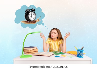 Creative Collage Image Of Minded Clueless Girl Sit Desktop Think Slow Snail Clock Isolated On Drawing Background