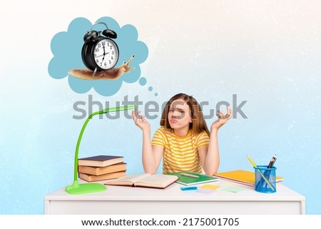 Creative collage image of minded clueless girl sit desktop think slow snail clock isolated on drawing background
