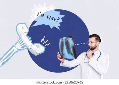 Creative collage image minded smart doctor examine lungs x  ray scan speak skeleton arm hold handset telephone ask i'm fine