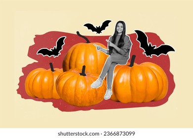Creative collage image mini black white effect girl sit big pumpkin point fingers flying bats isolated beige background