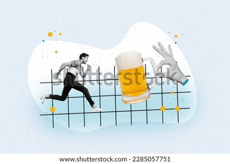 Creative collage image of mini excited black white colors guy running big arm fingers hold pint beer isolated on painted background