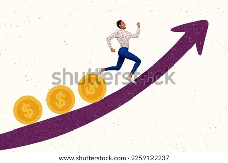 Creative collage image of mini running person climb growing arrow upwards money coins isolated on drawing background