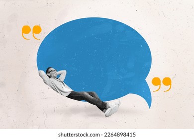 Creative collage image of peaceful black white colors mini man laying relax big empty space dialogue bubble - Powered by Shutterstock