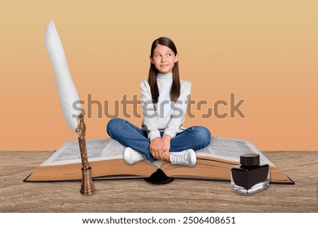Creative collage image of small clever girl sit big opened book brainstorming feather ink pen isolated on painted background