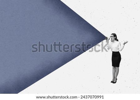 Creative collage image standing young businesswoman loudspeaker announce proclaim blame aggressive boss anger drawing background
