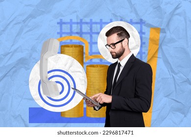 Creative collage image of successful business man use tablet telephone handset call pile stack money coins isolated on blue background