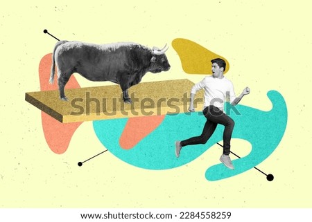 Creative collage image of terrified black white effect guy ran away bull statue isolated on painted background