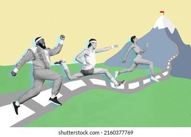 Creative Collage Image Or Three People Running Contest Mountain Top Black White Effect