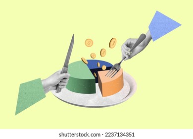 Creative collage image of two black white gamma hands hold knife fork cut eat money coin diagram cake plate isolated on drawing background