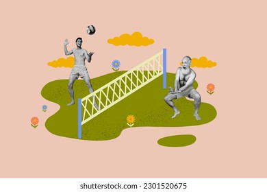 Creative collage image of two black white colors people play beach volleyball dancing painted flowers clouds isolated on beige background - Powered by Shutterstock