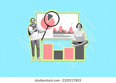 Creative collage image of two black white colors people use netbook point finger magnifier loupe stats charts isolated on blue background