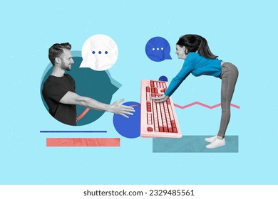 Creative collage image of two black white effect people communicate dialogue bubble keyboard texting isolated on blue background - Powered by Shutterstock