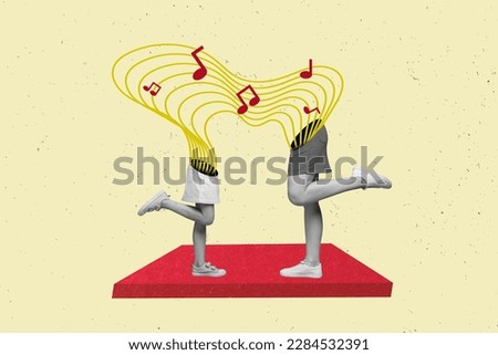 Creative collage image of two black white gamma people legs melody notes connection instead body isolated on drawing background
