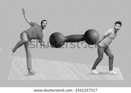 Creative collage image of two excited funny mini guys hold carry huge dumbbell isolated on drawing background